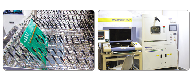 Слева: Держатель плат в корзине KED601 Справа: Вспомогательный участок, состоящий из АОИ и системы очистки плат