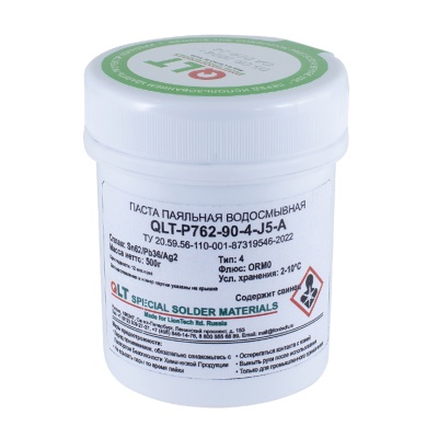 Водосмывная паяльная паста, для поверхностного монтажа QLT-P762-90-4-J5-A , Sn62Pb36Ag2 тип 3/4/5 с протектором коррозии, 500г